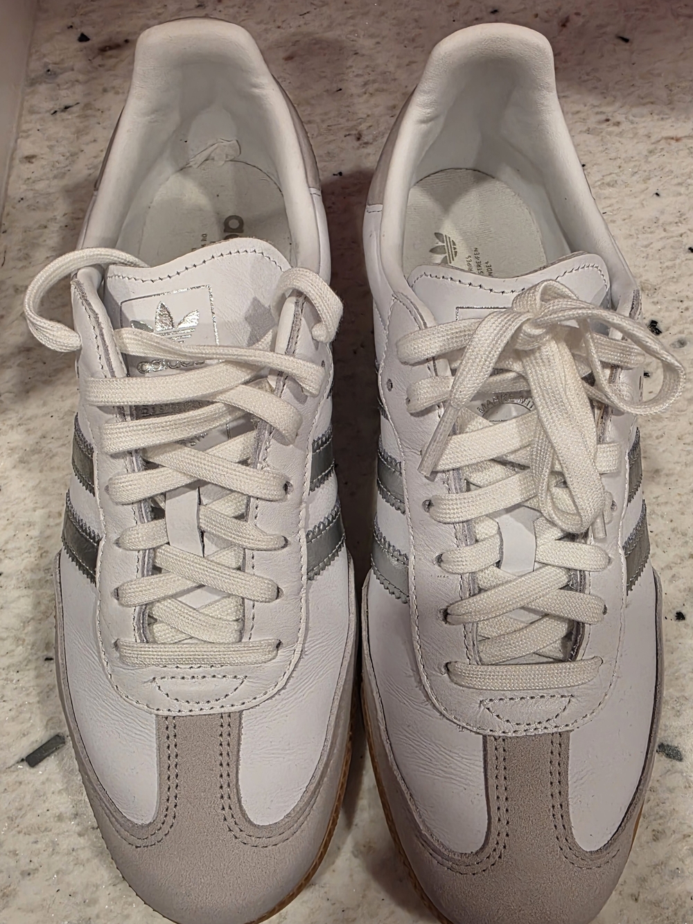 Adidas Samba Sneakers in White with Metallic Silver Stripes - Picture 2 of 2